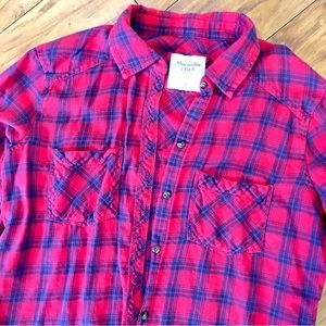Abercrombie Fitch high low red blue plaid flannel shirt top winter long …